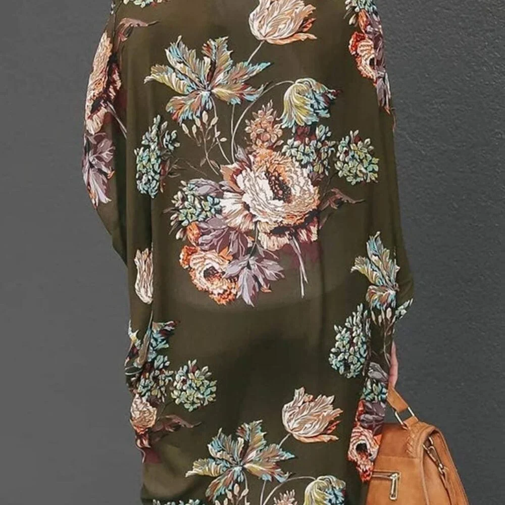 Womens Floral Kimono Duster Cardigans Short Sleeve Draped Oversized Beach Cover - Picture 5 of 6